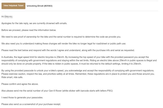 An email from DiroDi to a customer who requested a throttle unlock code.