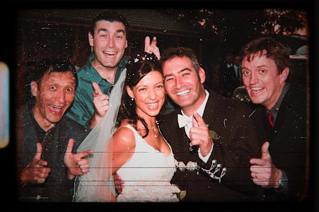 Anthony Field on his wedding day with wife Michaela and bandmates Jeff Fatt, Greg Page and Murray Cook.