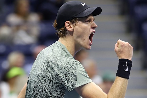 Jannik Sinner of Italy reacts after a point against Daniil Medvedev of Russia.