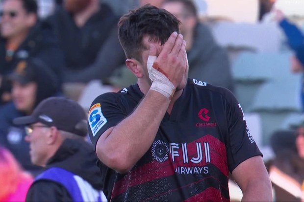 Crusaders player Quinten Strange reacts to conceding a penalty try on full-time against the Brumbies.
