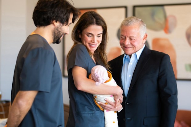 King Abdullah II and Queen Rania of Jordan with Jameel Thermiotis and his newborn daughter Amina, born February 16 2025.