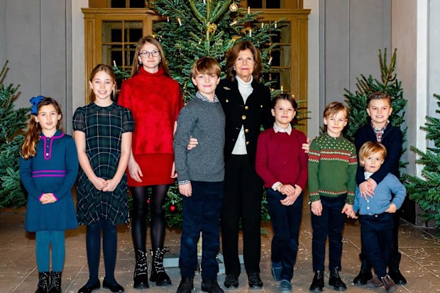 (L-R): Princess Adrienne six; Princess Leonore, 10; Princess Estelle, 12; Prince Nicolas, nine; Queen Silvia, 80; Prince Alexander, eight; Prince Gabriel, seven; Prince Oscar, eight; Prince Julian, three.