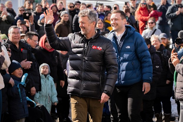 Denmark's King Frederik and Greenland's Prime Minister, Jens-Frederik Nielsen during a visit to Nuuk, Greenland, Tuesday, April 29, 2025.