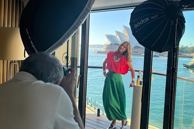 Trinny Woodall poses in her Park Hyatt suite during her whirlwind visit to Australia.