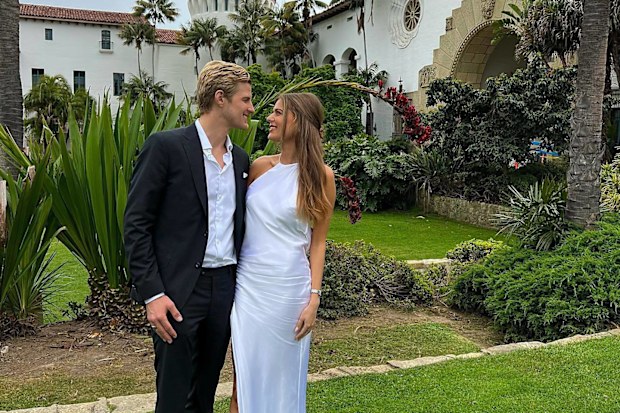 Former F1 star Marcus Ericsson and his longtime model partner Iris Tritsaris Jondahl on their wedding day.