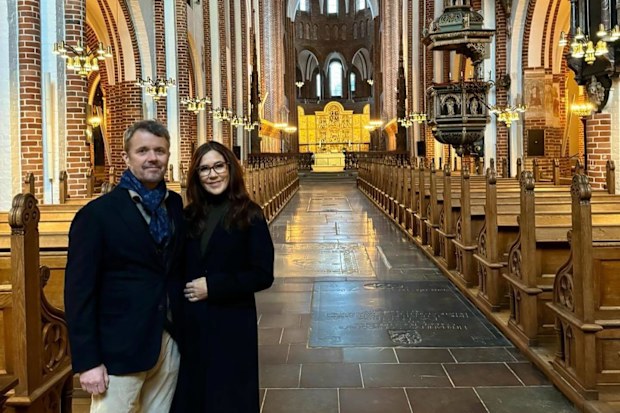 King Frederik X with Queen Mary at Roskilde Cathedral in Denmark.