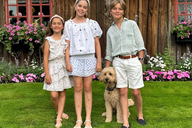 Princess Madeleine of Sweden shared this photo of her three children in August, 2025. L-R: Princess Adrienne, Princess Leonore and Prince Nicolas.