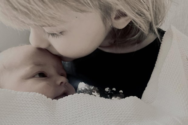Princess Ines of Sweden with her brother Prince Julian, in a photo shared by Princess Sofia and Prince Carl Philip on February 12, following the baby's birth on February 7 2025.