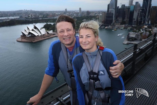 Jamie Oliver in Sydney with his daughter Poppy, doing the Harbour Bridge Climb.