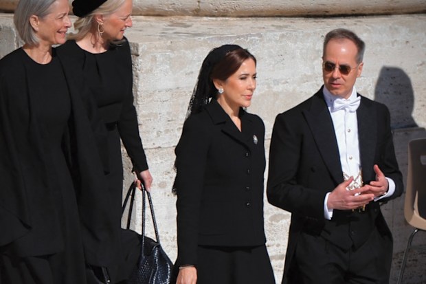 Queen Mary of Denmark arrives at the Vatican for the funeral of Pope Francis on Saturday April 26, 2025.