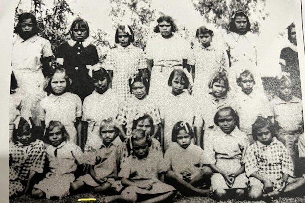 Jess Beck's grandmother Linda with other stolen children at the Bungalow at the Alice Springs Telegraph Station.