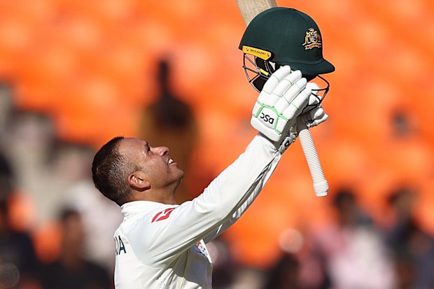 AHMEDABAD, INDIA - MARCH 09: Usman Khawaja of Australia celebrates after scoring his century during day one of the Fourth Test match in the series between India and Australia at Sardar Patel Stadium on March 09, 2023 in Ahmedabad, India. (Photo by Robert Cianflone/Getty Images)