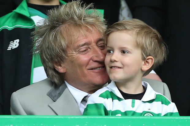 Rod Stewart and son Aiden Stewart are seen during the Ladbrokes Scottish Premiership match between Celtic and Rangers at Celtic Park on March 12, 2017 in Glasgow, Scotland.