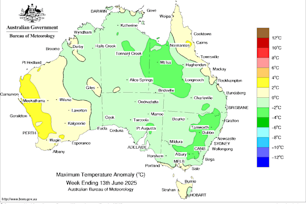 The maximum temperatures across Australia for the week ending June 13.