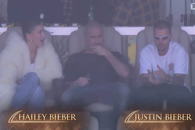 Hailey Bieber and Justin Bieber in the stands at the 2026 Super Bowl