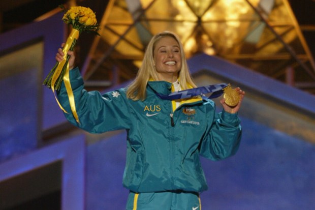 18 Feb 2002:  Alisa Camplin of Australia receives her gold medal for the women's freestyle aerials at Olympic Medals Plaza during the 2002 Salt Lake Winter Olympics in Salt Lake City, Utah.  DIGITAL IMAGE  Mandatory Credit:  Jamie Squire/Getty Images