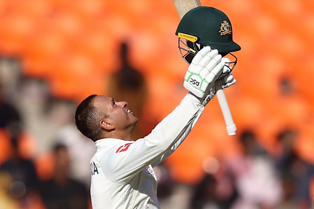 AHMEDABAD, INDIA - MARCH 09: Usman Khawaja of Australia celebrates after scoring his century during day one of the Fourth Test match in the series between India and Australia at Sardar Patel Stadium on March 09, 2023 in Ahmedabad, India. (Photo by Robert Cianflone/Getty Images)
