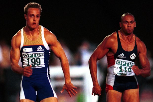 Matt Shirvington (left) and Patrick Johnson racing in Brisbane in 2000.