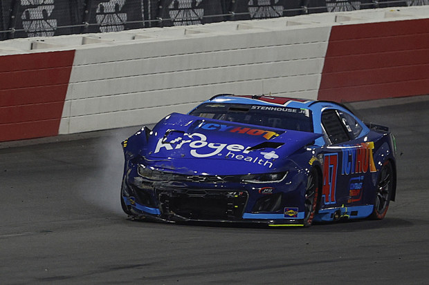 Ricky Stenhouse Jr's wrecked Chevrolet Camaro after being hit by Kyle Busch in the NASCAR All Star Race.