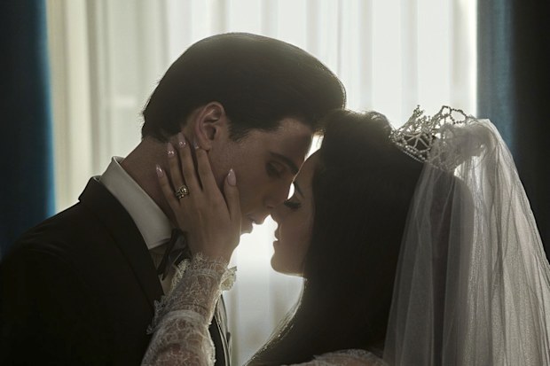 This image released by A24 shows Jacob Elordi as Elvis, left, and Cailee Spaeny as Priscilla, in a scene from "Priscilla."