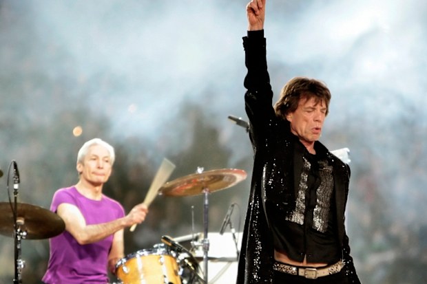 Mick Jagger, right, and drummer Charlie Watts, perform with the Rolling Stones at halftime of the Super Bowl XL football game in Detroit on Feb. 5, 2006. 