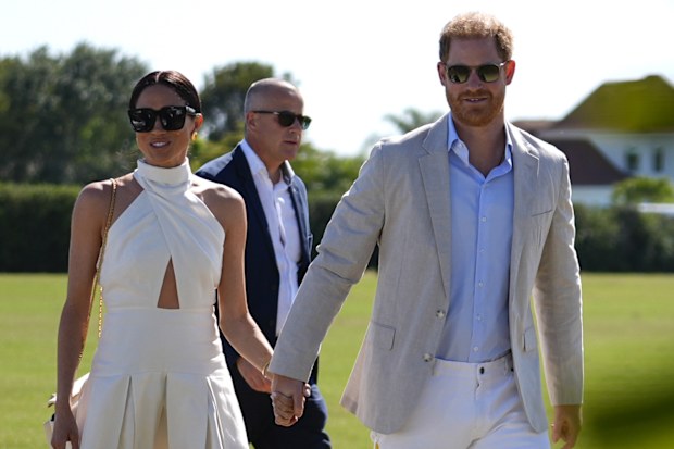 Prince Harry and Meghan Markle, Duchess of Sussex, at the 2024 Royal Salute Polo Challenge to Benefit Sentebale, Friday, April 12, 2024, in Wellington, Florida