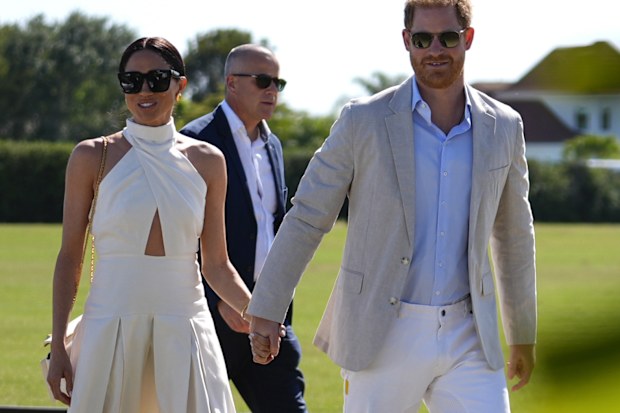 Prince Harry and Meghan Markle, Duchess of Sussex, at the 2024 Royal Salute Polo Challenge to Benefit Sentebale, Friday, April 12, 2024, in Wellington, Florida