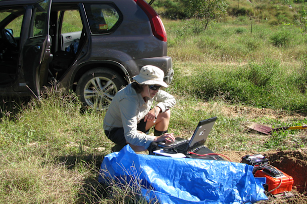A Geoscience Australia seismologist deploys a temporary seismometer after the Bowen quake. More than 300 aftershocks were recorded in the aftermath. 