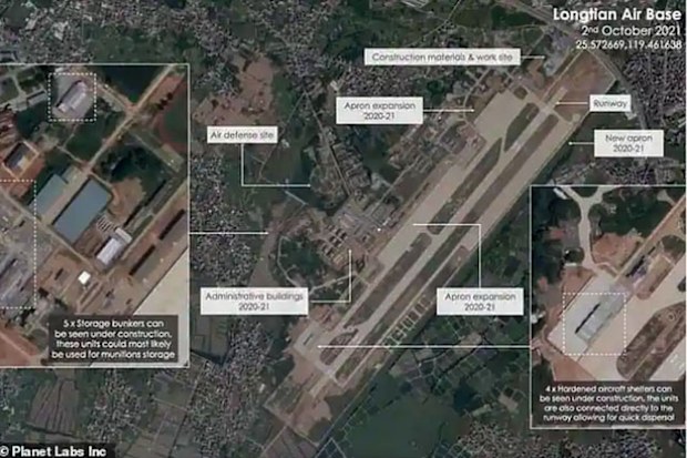 The satellite image shows upgrades to the air base at Longtian in southern China, near Taiwan. 