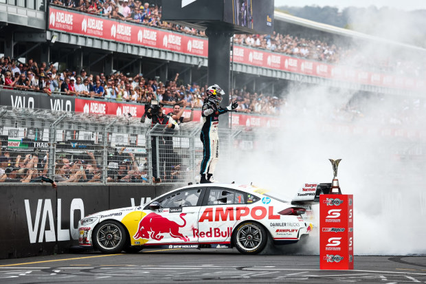Shane van Gisbergen celebrates his Supercars Championship win with a burnout on the Adelaide circuit.
