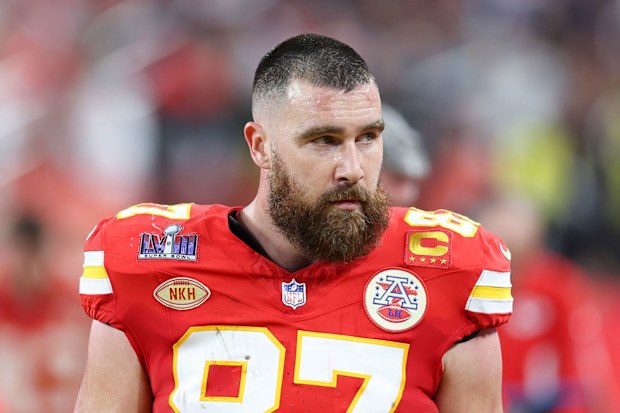 Travis Kelce of the Kansas City Chiefs on the sidelines during Super Bowl LVIII against the San Francisco 49ers at Allegiant Stadium in Las Vegas in February.