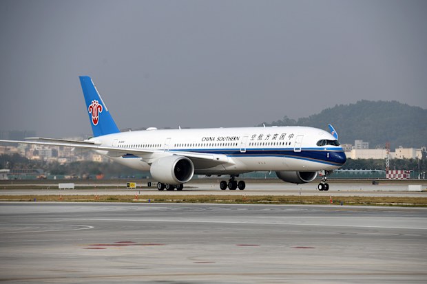 An Airbus A350-900 arrives at the Baoan International Airport in Shenzhen, south China's Guangdong Province, Jan. 6, 2022. China Southern Airlines launched two new Airbus A350-900 in Shenzhen on Thursday. The new aircraft will mainly serve domestic routes between Beijing Daxing International Airport, Shanghai and Chengdu. (Photo by Liang Xu/Xinhua via Getty Images)
