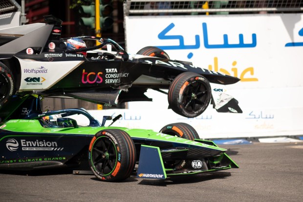 Mitch Evans' car rides over the top of Nick Cassidy at the Rome E-Prix.