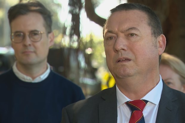 Public Service Association General Secretary Stewart Little (front) and Australian Services Union NSW Secretary Angus McFarland (back).
