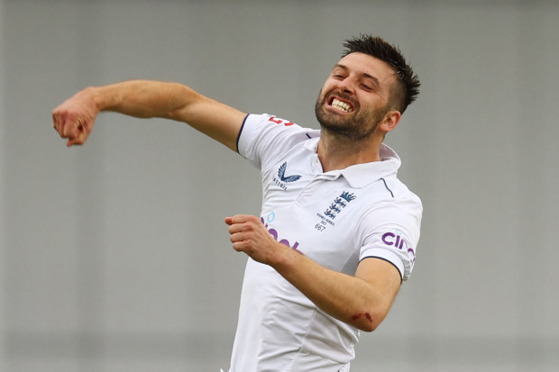 England's Mark Wood celebrates after taking a wicket.