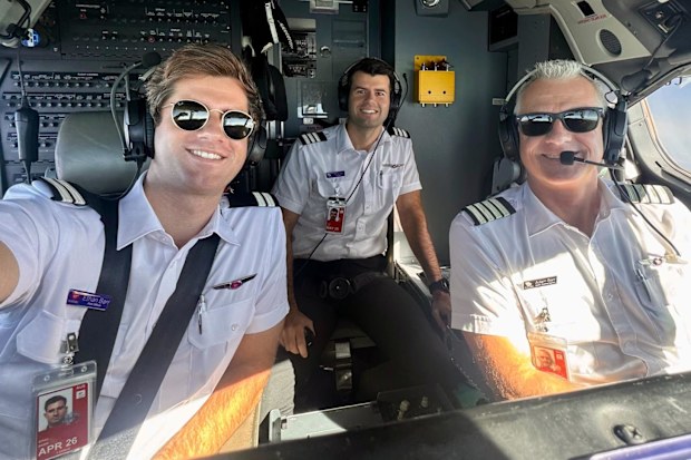 Dad Captain Adam Barr with First Officer sons, Ethan and Lachlan Barr