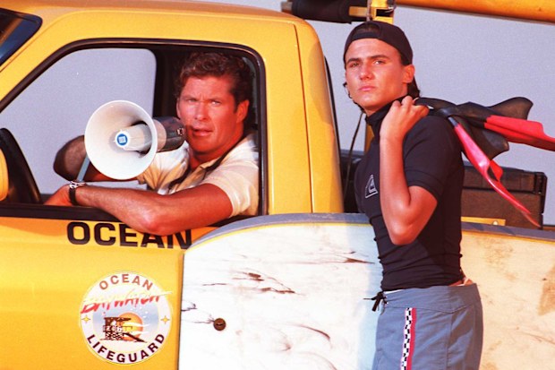 David Hasselhoff and Jeremy Jackson on the set of Baywatch, 1995