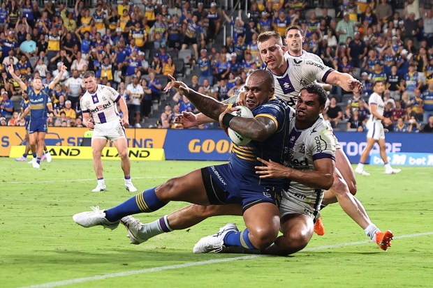 Junior Paulo of the Eels scores a try during the round one NRL match between the Parramatta Eels and the Melbourne Storm.
