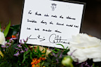 A handwritten note is seen on the wreath which will be laid by the Prince of Wales during a Service of Thanksgiving at Westminster Abbey in London on the 80th anniversary of VE Day on May 8, 2025 in London
