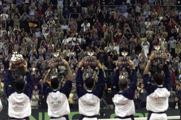 A jubilant crowd cheer the victorious Spanish team in 2000.