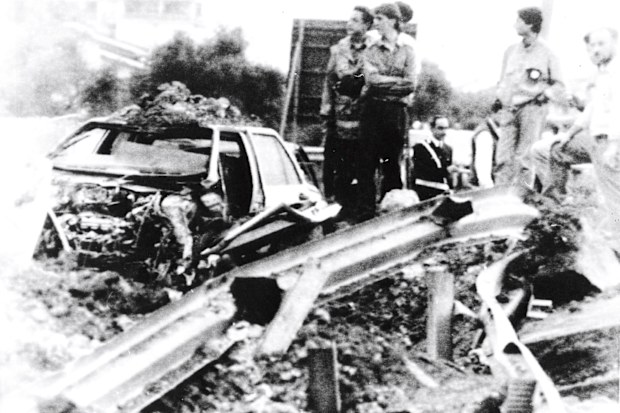 The remains of Italian judge Giovanni Falcone's car, which was blown up in May 1992, in retaliation for his conviction in 1987 of more than 300 mafia members. Mr Falcone, his wife, a fellow magistrate and three bodyguards died in the explosion. 