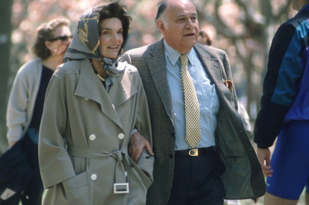 186194 03: Former First Lady Jacqueline Kennedy Onassis takes her first walk with Maurice Tempelsman in Central Park after leaving the hospital April 24, 1994 in New York City. Onassis who is suffering from lymphatic cancer left New York Hospital on after receiving treatment for a bleeding ulcer. (Photo by Steve Allen/Liaison)