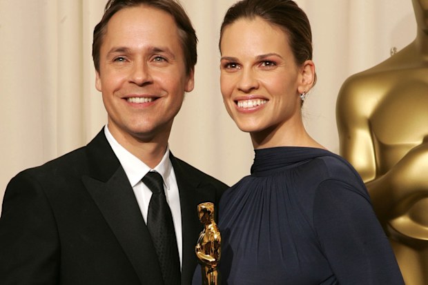 Hilary Swank and then-husband Chad Lowe backstage during the 77th Annual Academy Awards in 2005 after her Oscars win.