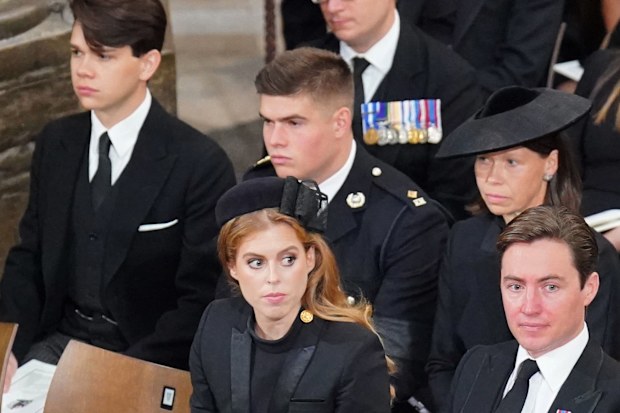Members of the royal family (front row, left to right) Princess Beatrice, Edoardo Mapelli Mozzi, Lady Louise Windsorand James, Viscount Severn, (second row, left to right) Samuel Chatto, Arthur Chatto, Lady Sarah Chatto and Daniel Chatto, at the State Funeral of Queen Elizabeth II, held at Westminster Abbey, London. Picture date: Monday September 19, 2022. 