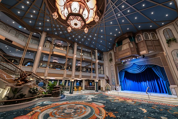 TheGrand Hallwill embody the Disney Treasures theme of adventure, with statues and décor that call on the gilded palace and wonder of Agrabah from Walt Disney Animation Studios classic tale, Aladdin. The space will serve as the ships most prominent gathering space and will offer its own dedicated entertainment moments and surprises. (Kent Phillips, photographer)