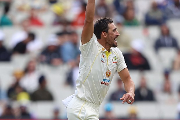 Mitchell Starc of Australia celebrates after dismissing Zak Crawley.
