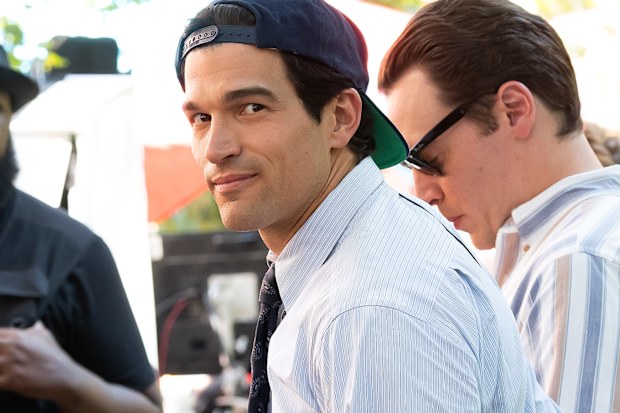 Paul Kelly and Erich Bergen are seen on the set of the series "American Love Story" on July 23, 2025 in New York City. 