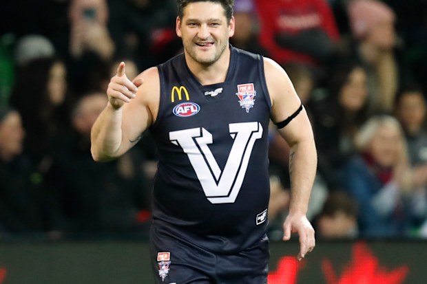 Brendan Fevola of Victoria celebrates during the 2019 EJ Whitten Legends game.