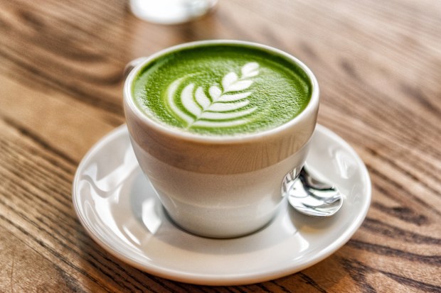Matcha latte green milk foam cup on wood table at cafe. Trendy powered tea trend from Japan.