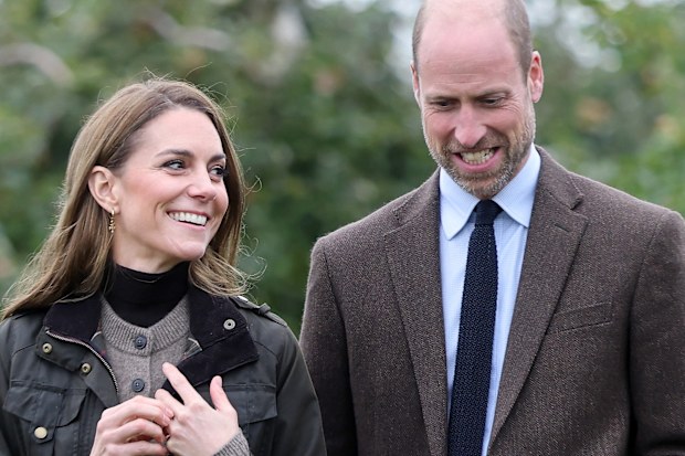 Catherine, Princess of Wales and Prince William, Prince of Wales during a visit to Long Meadow Cider on October 14, 2025 in Craigavon, Northern Ireland. 